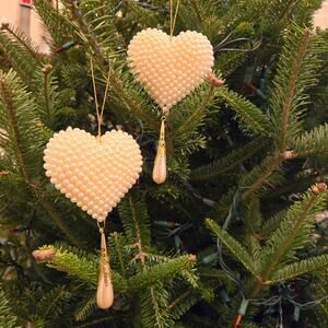 Vintage Ivory Pearl Coated Heart Keepsake Ornament with Teardrop Faux Pearl